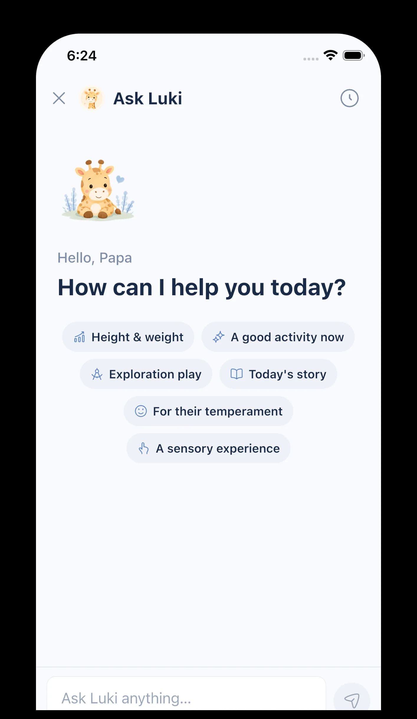 The Ask Luki chat screen greeting a parent with suggested questions