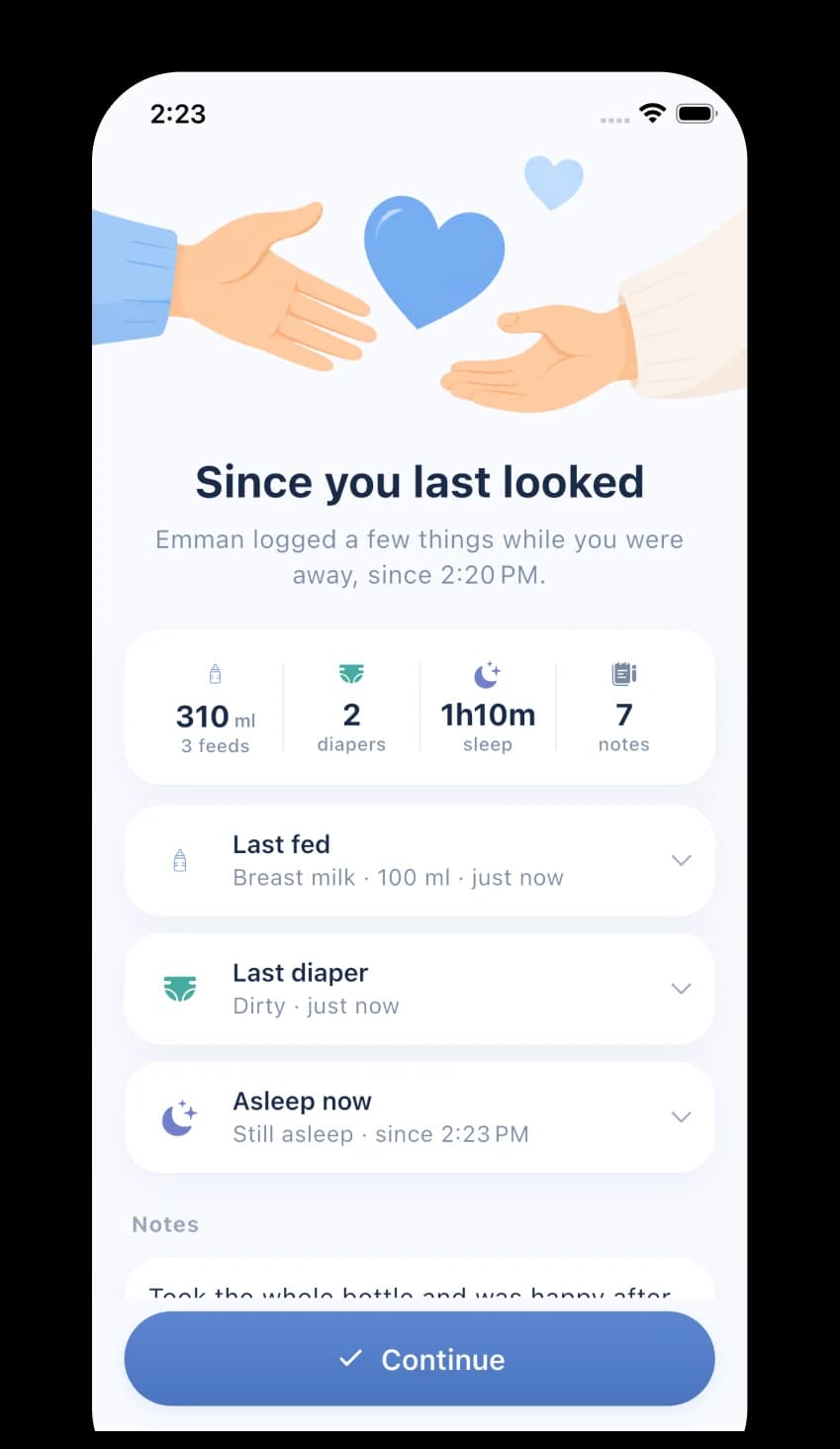 Luki’s Since you last looked summary showing care logged while a parent was away